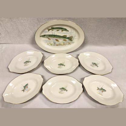 Vintage Haas & Czjzek Schlaggenwald Porcelain 7 PCE Fish Platter and Plate Set 1