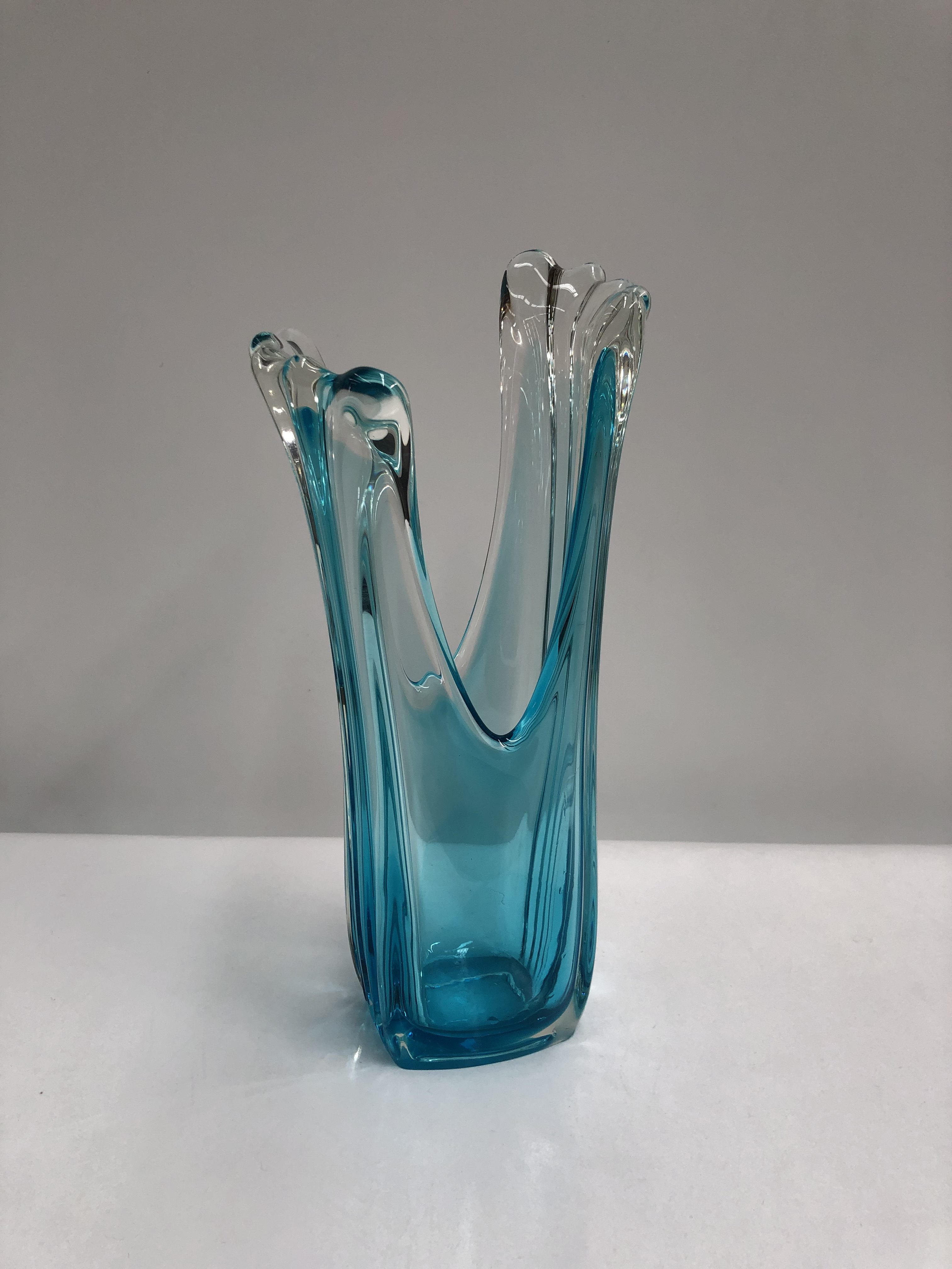 Vintage Retro Large Blue Finger Art Glass Vase 29.5cm 10