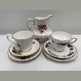 Two Floral Fine Bone China Royal Sutherland Trios With Aynsley Milk Jug