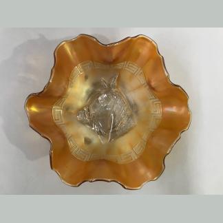 Vintage Marigold Carnival Glass Horse Bowl With Ruffled Design