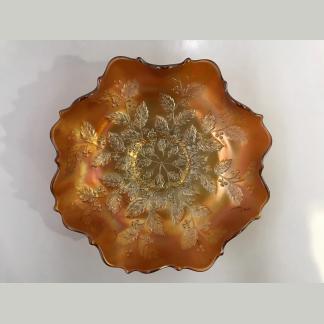 Vintage Marigold Carnival Glass Floral Bowl With Ruffled Design