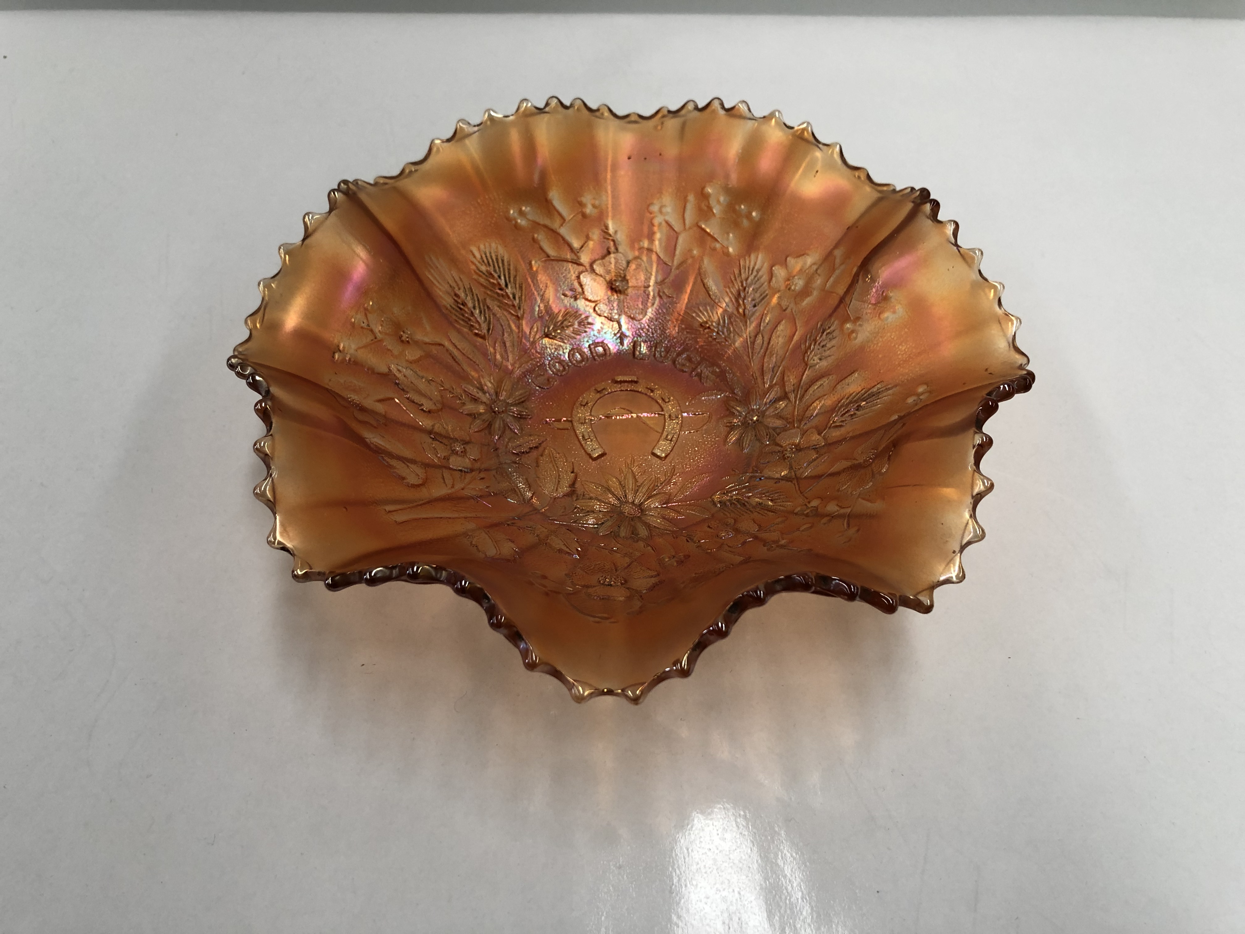 Vintage Marigold Carnival Glass “Good Luck” Horse Shoe & Floral Footed Bowl 1