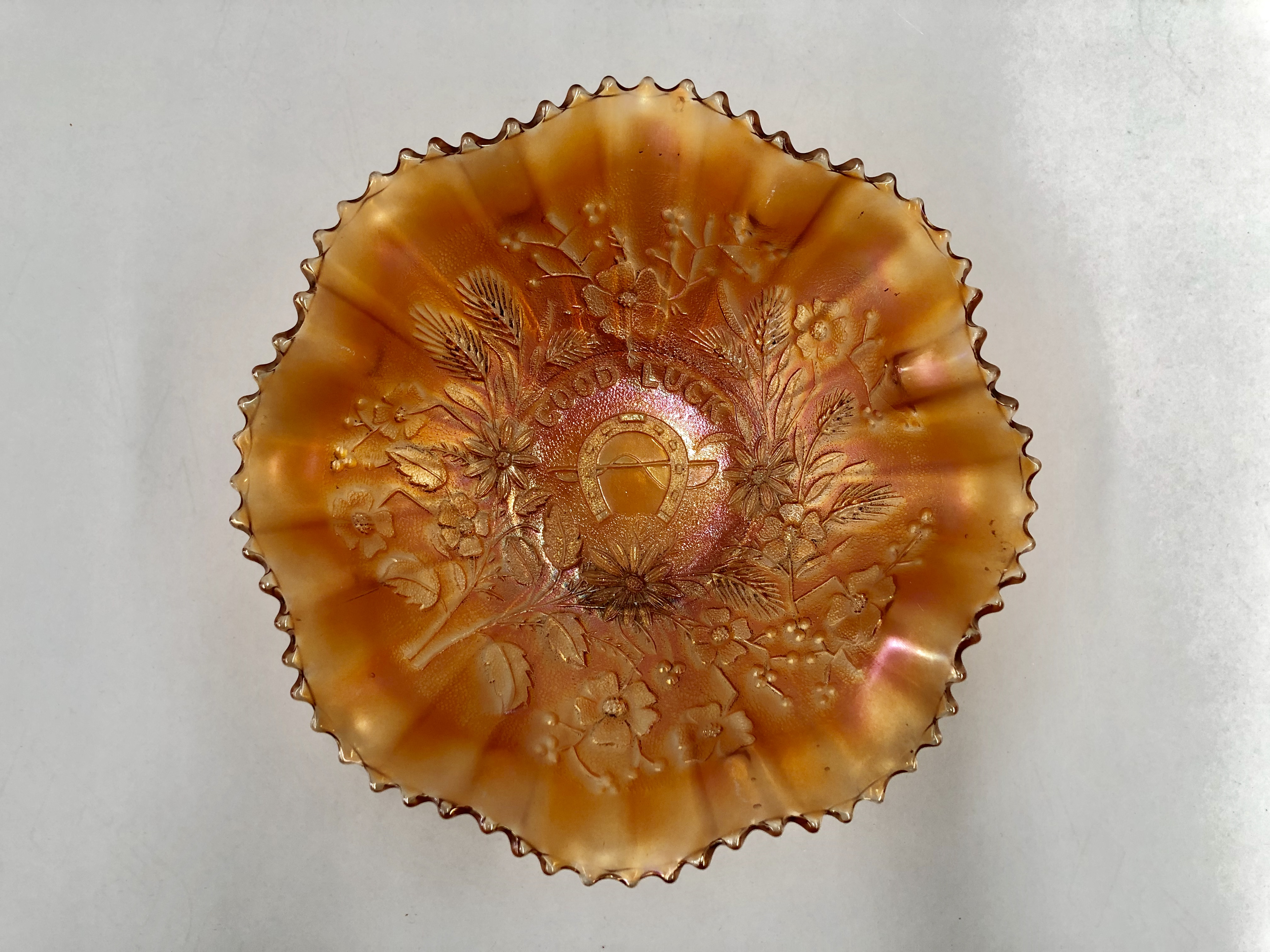 Vintage Marigold Carnival Glass “Good Luck” Horse Shoe & Floral Footed Bowl 2