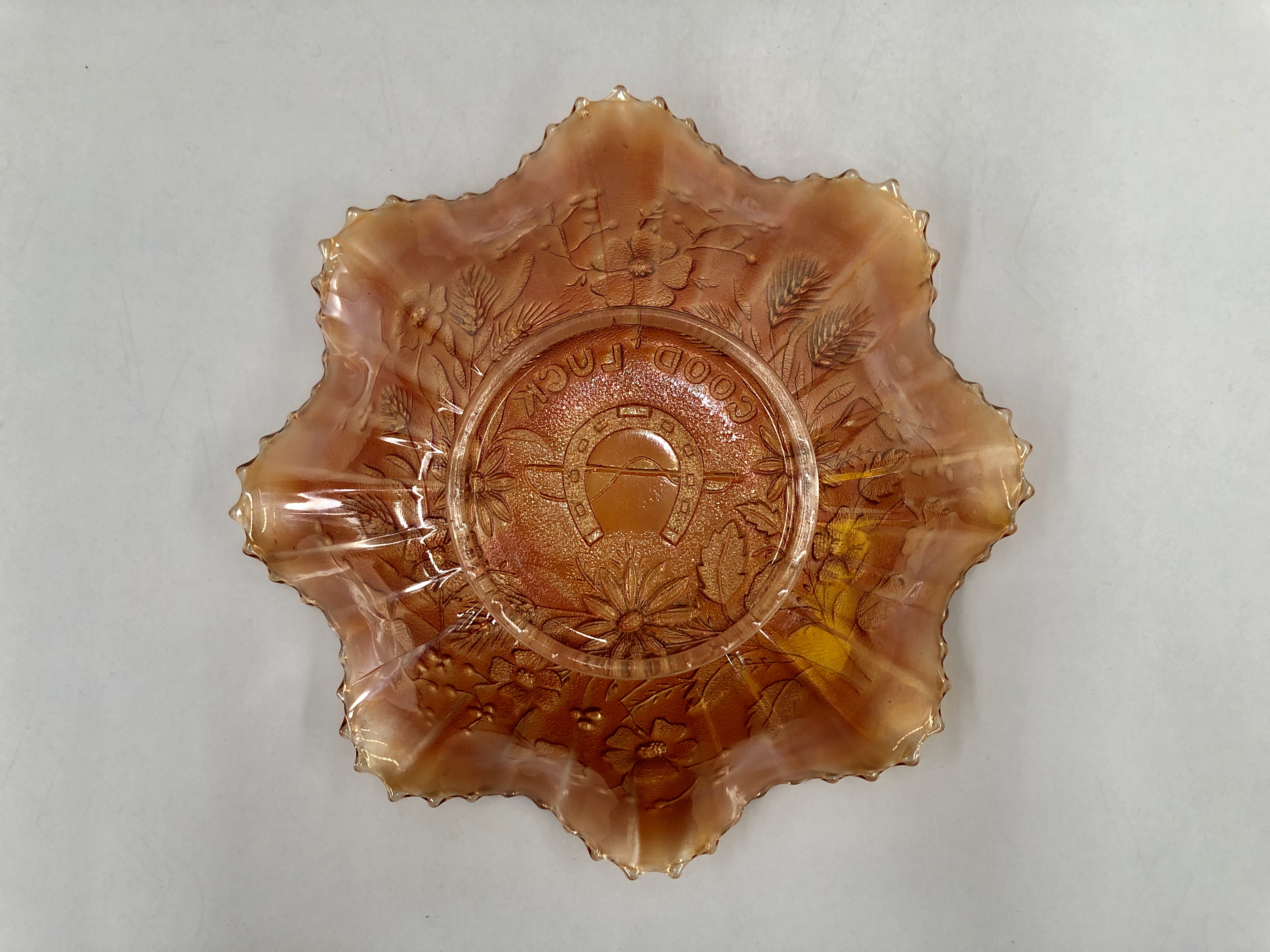 Vintage Marigold Carnival Glass “Good Luck” Horse Shoe & Floral Footed Bowl 5