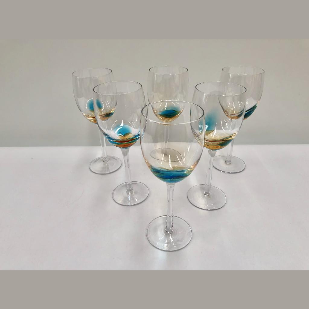 Art Glass Wine Glasses Hand Blown Blue & Honey Colour 6 PCE AFC