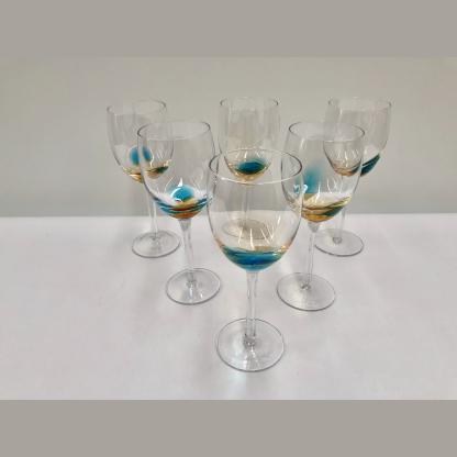 Art Glass Wine Glasses Hand Blown w/ Blue & Honey Colour Bubble 6 PCE 1