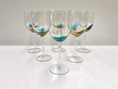 Art Glass Wine Glasses Hand Blown w/ Blue & Honey Colour Bubble 6 PCE 3