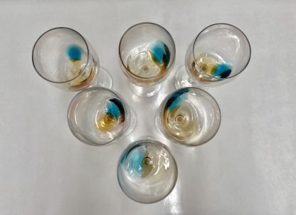 Art Glass Wine Glasses Hand Blown w/ Blue & Honey Colour Bubble 6 PCE 5