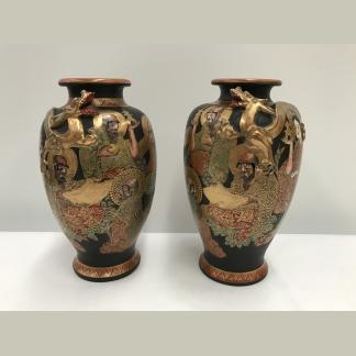 Two Vintage Satsuma Dragon, Immortals & Geisha Girls Black & Gold Gilt Vases Marked To Base