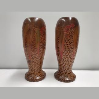 Two Vintage Handmade Original Pokerwork Vases With Hand Painted Eucalyptus