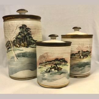 Ian Gamble Signed Aust Pottery Hand-Painted Bush Landscape Set of 3 Canister’s 1