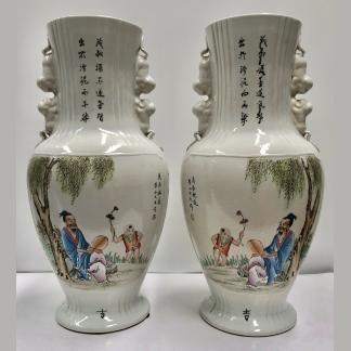Republic Period Chinese Figure & Script Decorated Vases w Dog of Foo handles 1