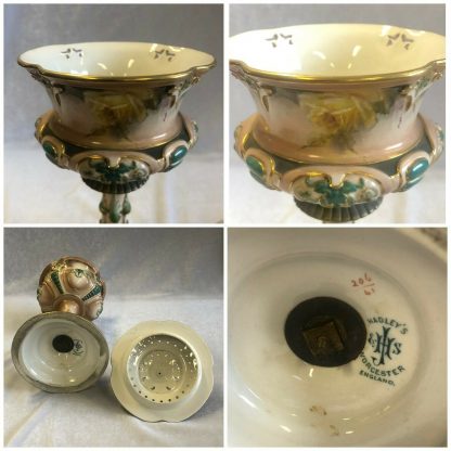 Antique James Hadley & Sons Cream, Gilt and Green Pedestal Pot Pourri Chalice 12