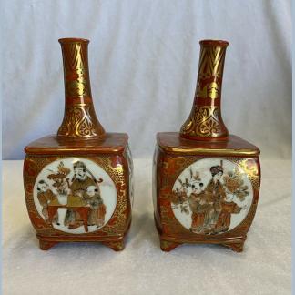 Japanese Kutani Vases w Four Cameo Hand Painted Panels and Elongated Neck Meiji 1