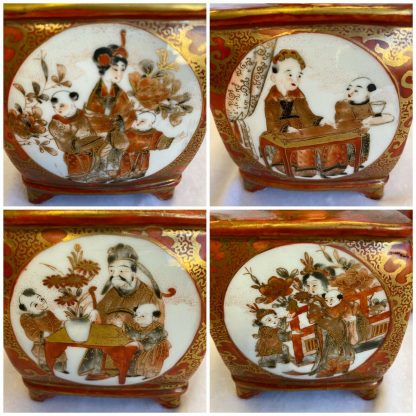 Japanese Kutani Vases w Four Cameo Hand Painted Panels and Elongated Neck Meiji 11