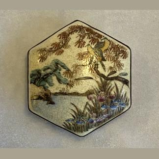Antique Japanese Satsuma Floral Decorated Brooch w Beautifully Hand Painted Lake Scene 1