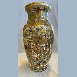 Japanese Satsuma Vase w Hand Painted Warriors & Children Meiji Period 1