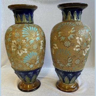 Rare Antique Royal Doulton Slater’s Patent Chine Studio Pottery Stoneware Vases Inscribed FJ (Florrie Jonas) 1