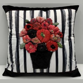 Australian Designer, Up Cycled & Remnant Fabric Black, White & Red Cushion:Pillow:Flowers Handmade By Christine McCorry 50cm x 50cm x 16cm (Size 50cm Cushion) MC213214W 2