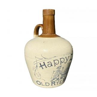 Original Antique Happy Days Famous Old Rye Whisky Stoneware Bottle Unmarked With Depiction Of Three Gentlemen Celebrating A Toast